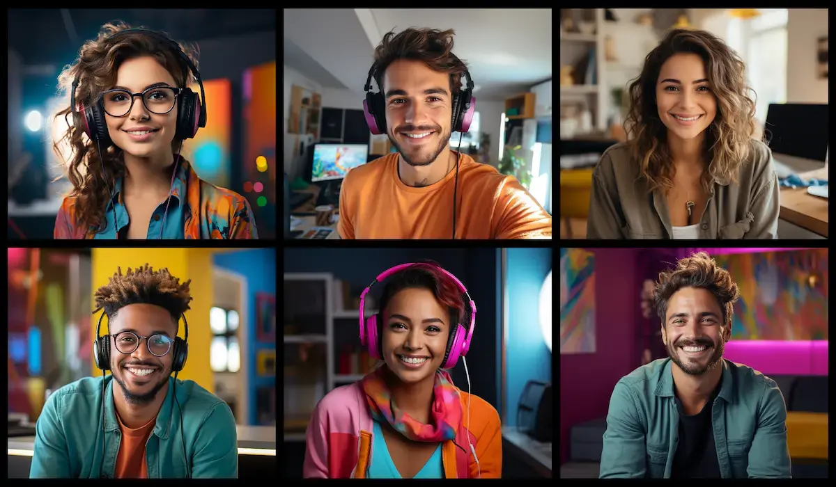 employees in a call smiling